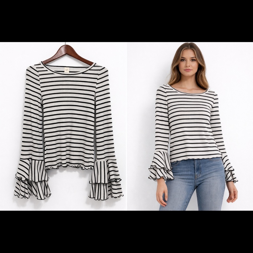 We The Free Striped Bell Sleeve Ribbed Top XS